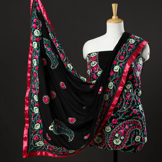 Black - 3pc Phulkari Embroidery Chapa Work Georgette Suit Material Set 15