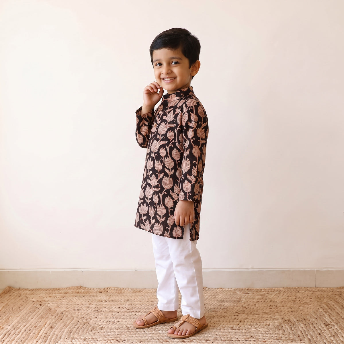 Black - kids pure cotton kurta in bagru block prints (2-3