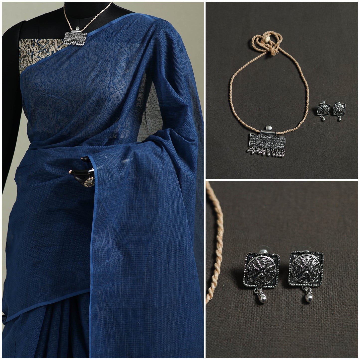 Blue - Nazaakat Kota Doria Cotton Plain Saree with Blouse & Jewellery Set 91