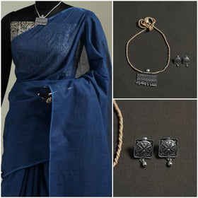 Blue - Nazaakat Kota Doria Cotton Plain Saree with Blouse & Jewellery Set 91