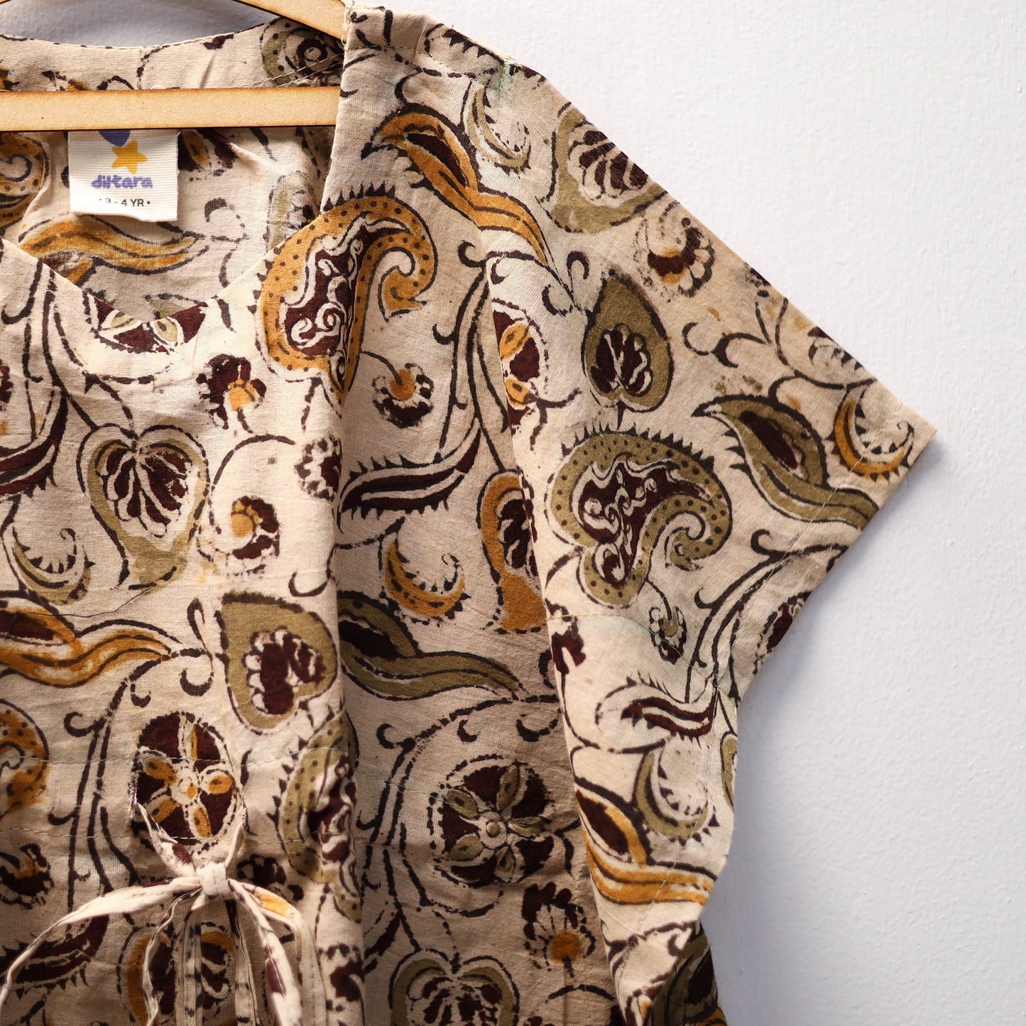Beige Kalamkari Block Print Cotton Kids Kaftan (3-4 Years)
