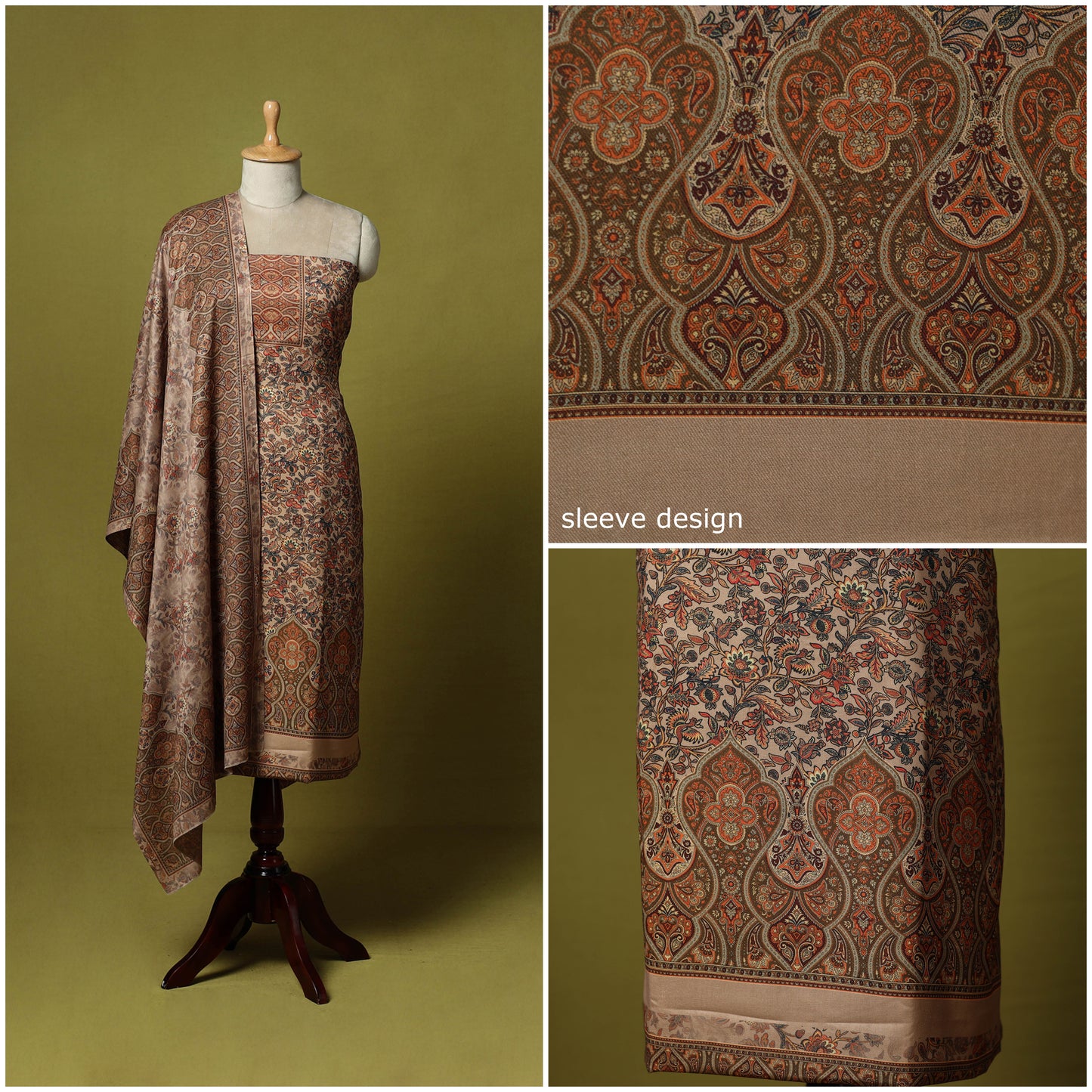 Brown - 3pc Digital Print Merino Wool Unstitched Dress Material 75