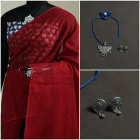 Red - Nazaakat Kota Doria Cotton Plain Saree with Blouse & Jewellery Set 93