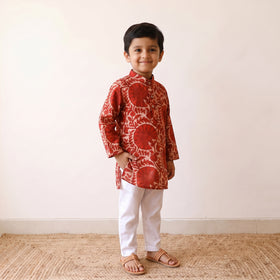 Red - kids pure cotton kurta in bagru block prints (2-3