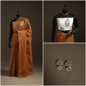 Nazaakat Kota Doria Cotton Plain Saree with Blouse Piece & Earrings 24
