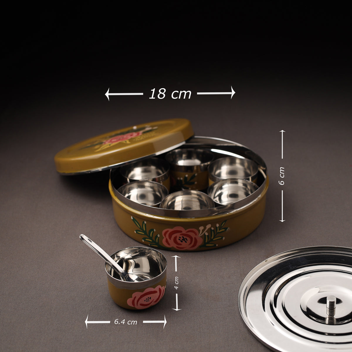 Floral Handpainted Enamelware Stainless Steel Masala Box (7 x 7 in) 06