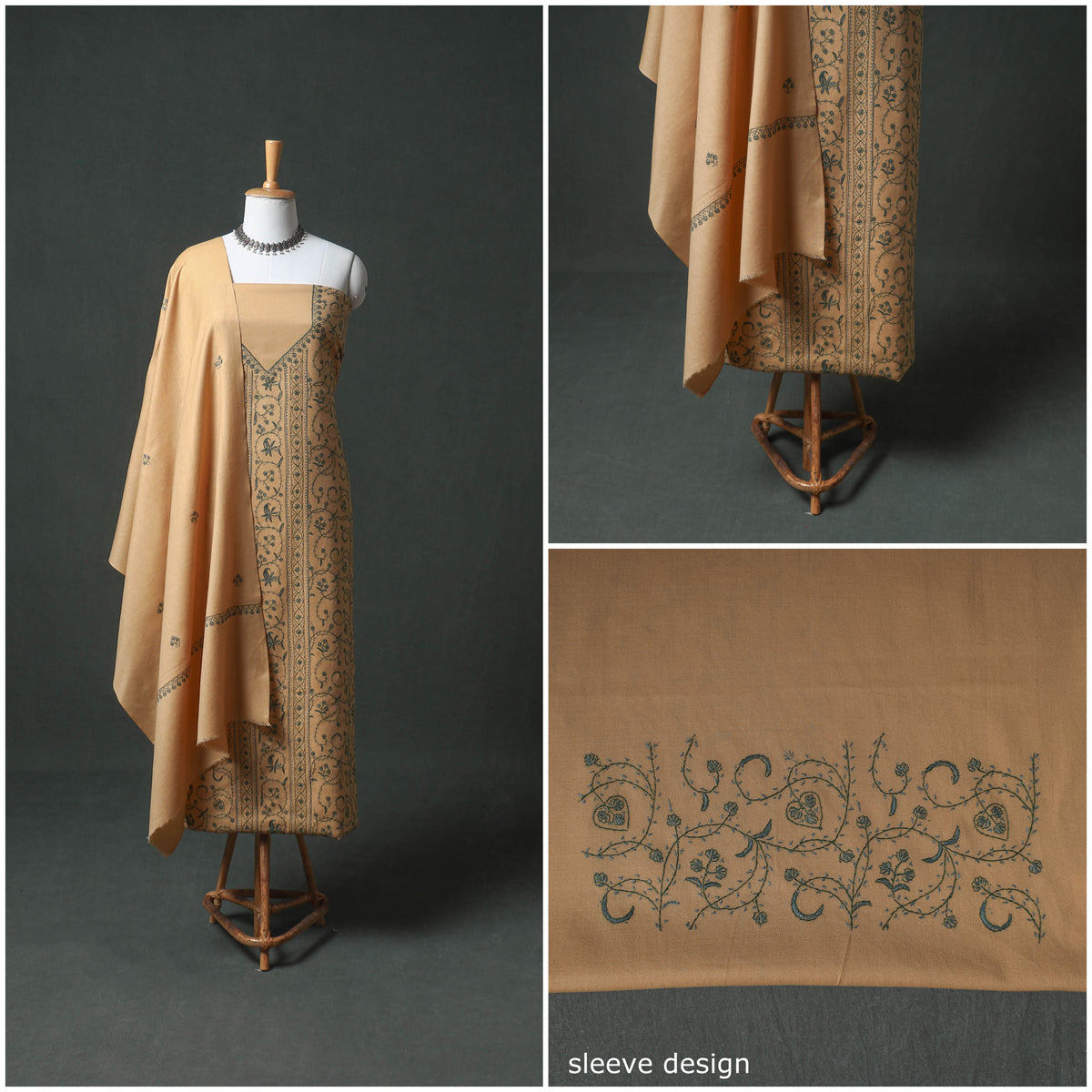 Kashmiri Sozni Hand Embroidered Pure Merino Wool Unstitched Dress Material: Kurta, Bottom with Dupatta 05