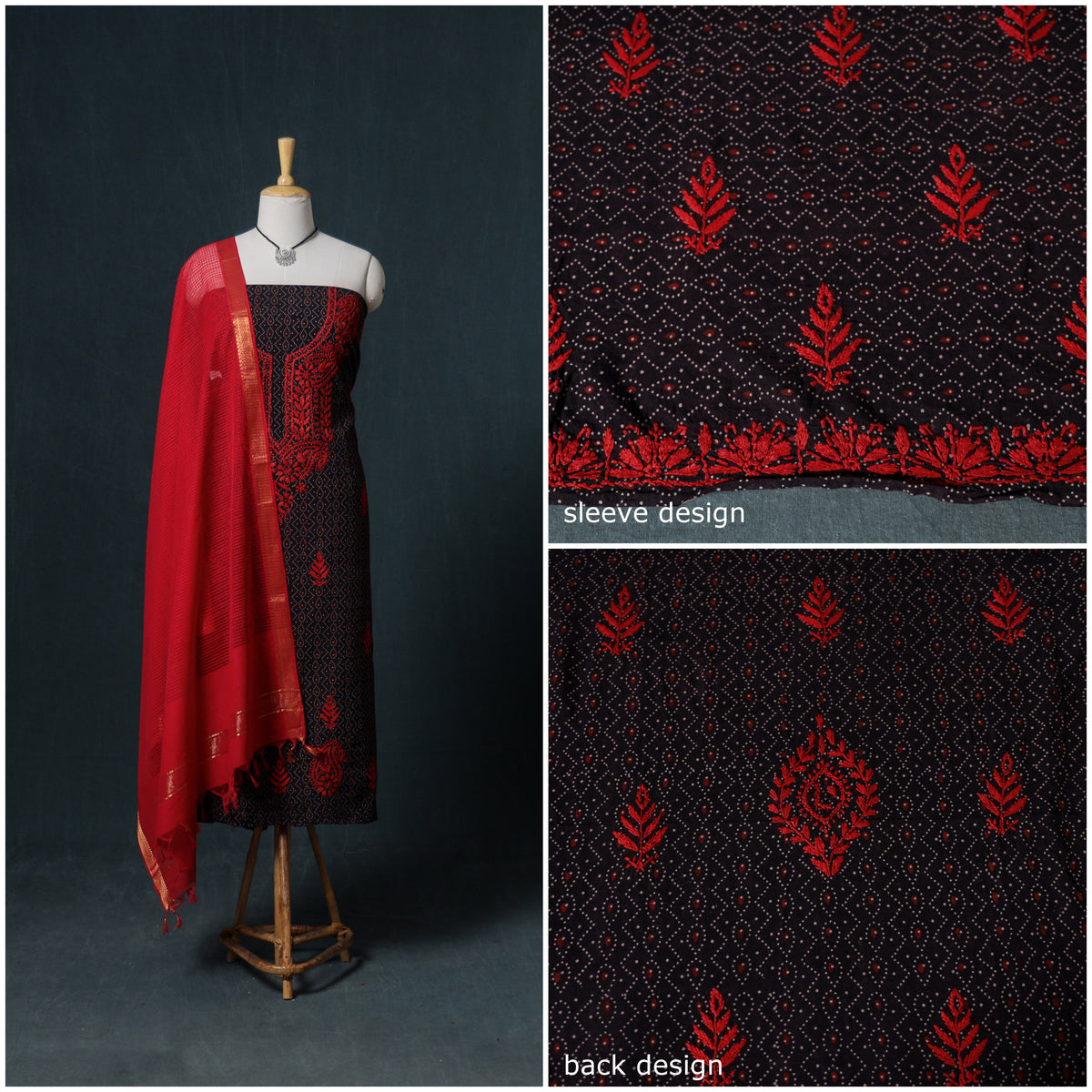 Lucknowi Chikankari Hand Work Unstitched Dress Material: Kurta & Dupatta with Jewellery 48