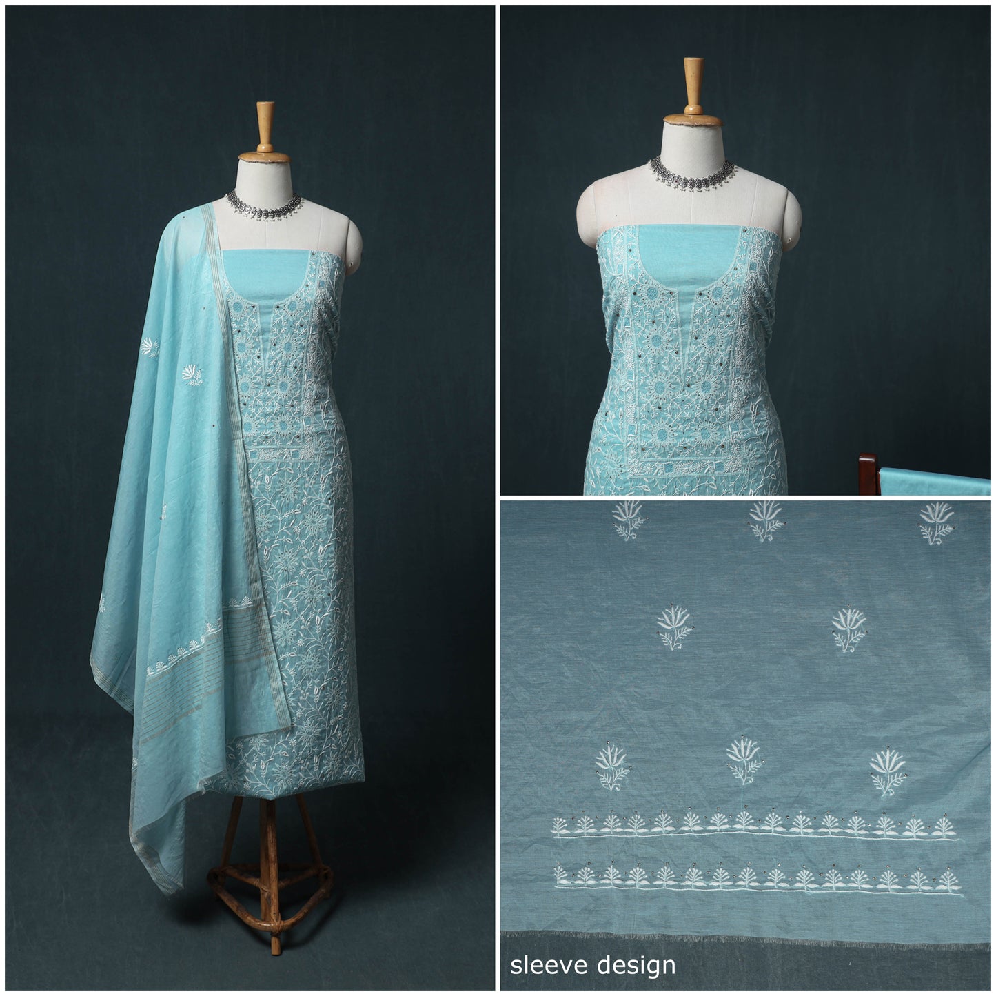 Lucknowi Chikankari Mukaish Work Mul Chanderi Unstitched Dress Material: Kurta, Bottom & Dupatta 06