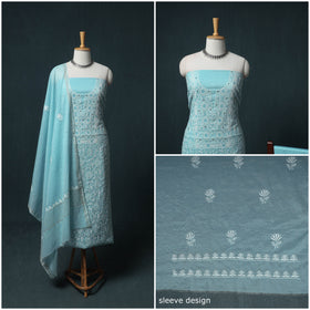 Lucknowi Chikankari Mukaish Work Mul Chanderi Unstitched Dress Material: Kurta, Bottom & Dupatta 06