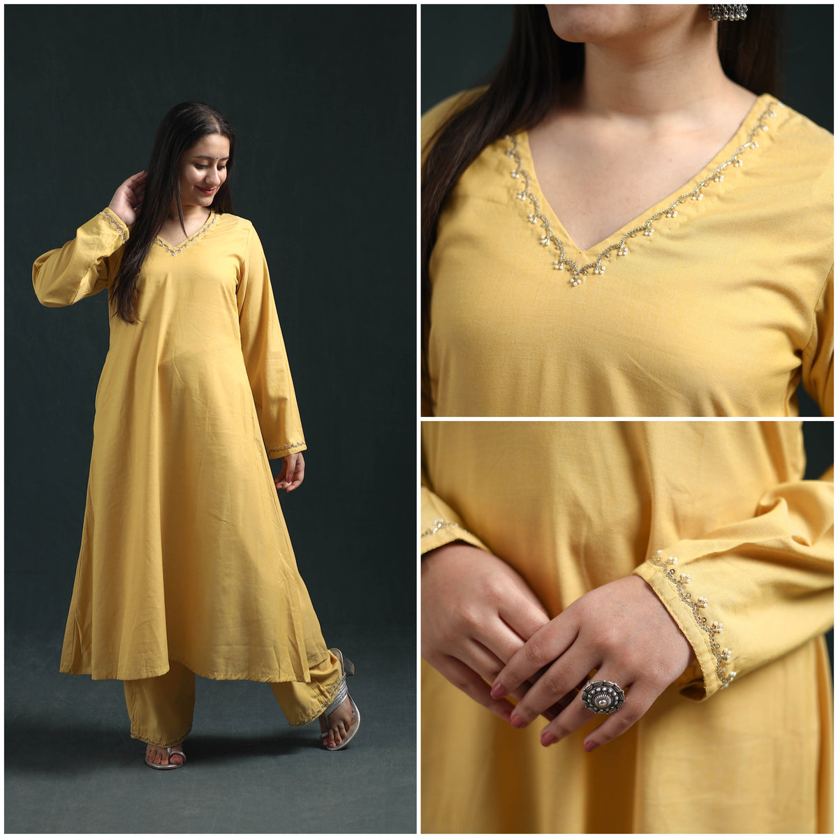 Yellow - plain banana fiber soft cotton bead work a-line kurta with palazzo set for women