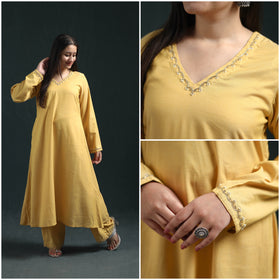 Yellow - plain banana fiber soft cotton bead work a-line kurta with palazzo set for women