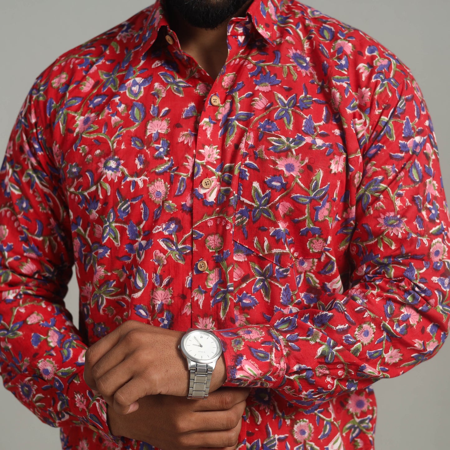 Red - Full Sleeve Cotton Men Sanganeri Print Shirt 05