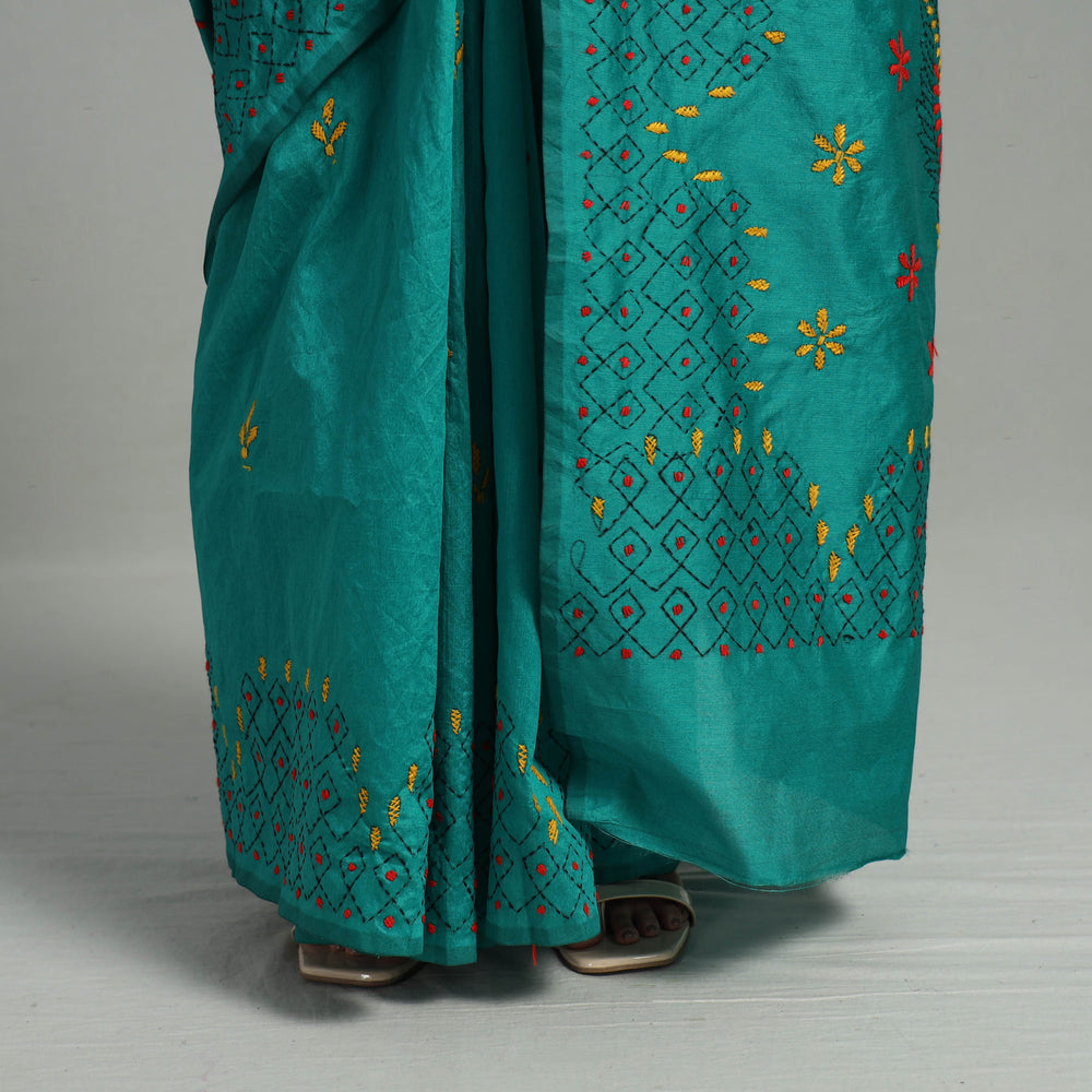 Green - Handcrafted Bengal Nakshi Kantha Work Silk Saree 21