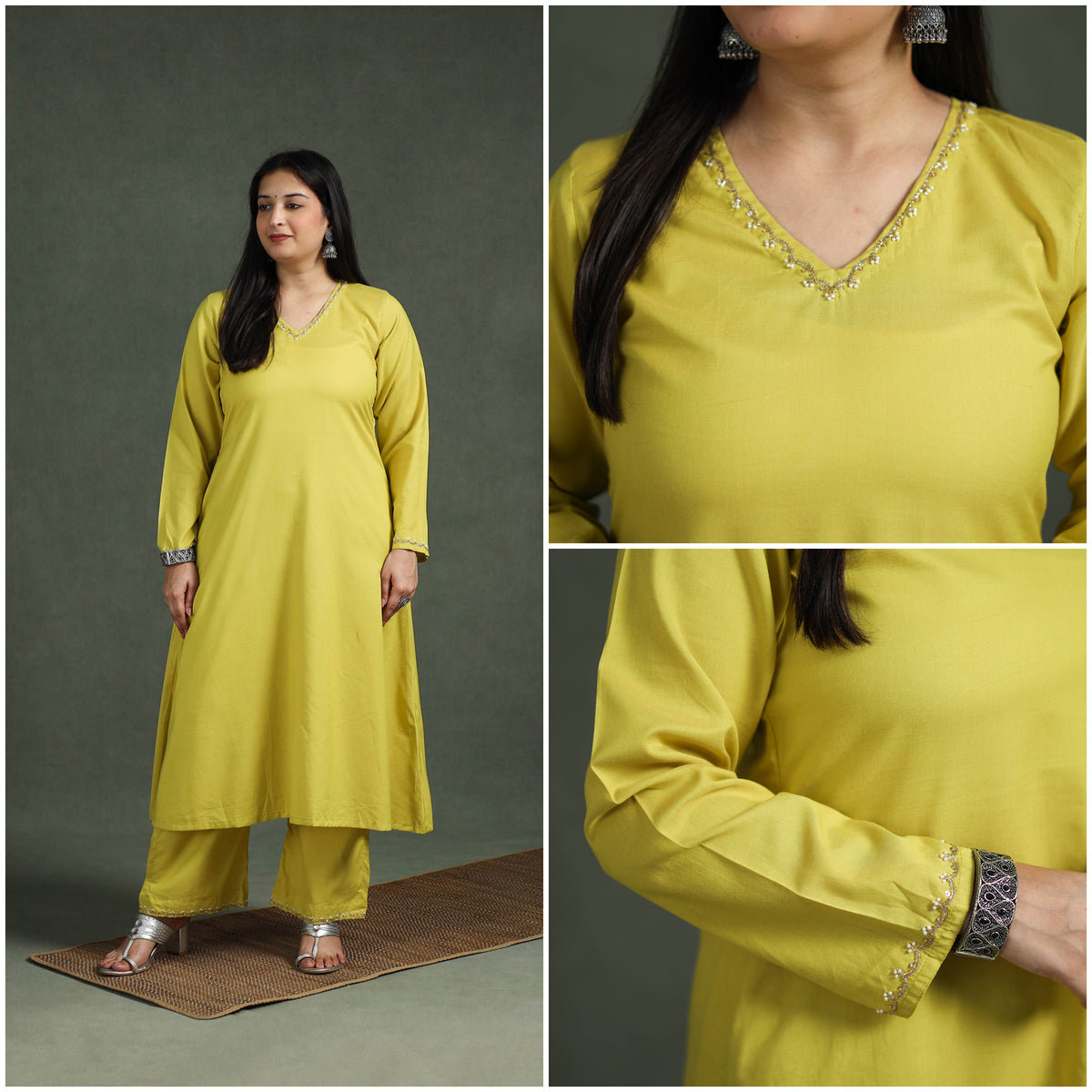 Plain Banana Fiber Soft Cotton Bead Work A-Line Kurta with Palazzo Set for women 09