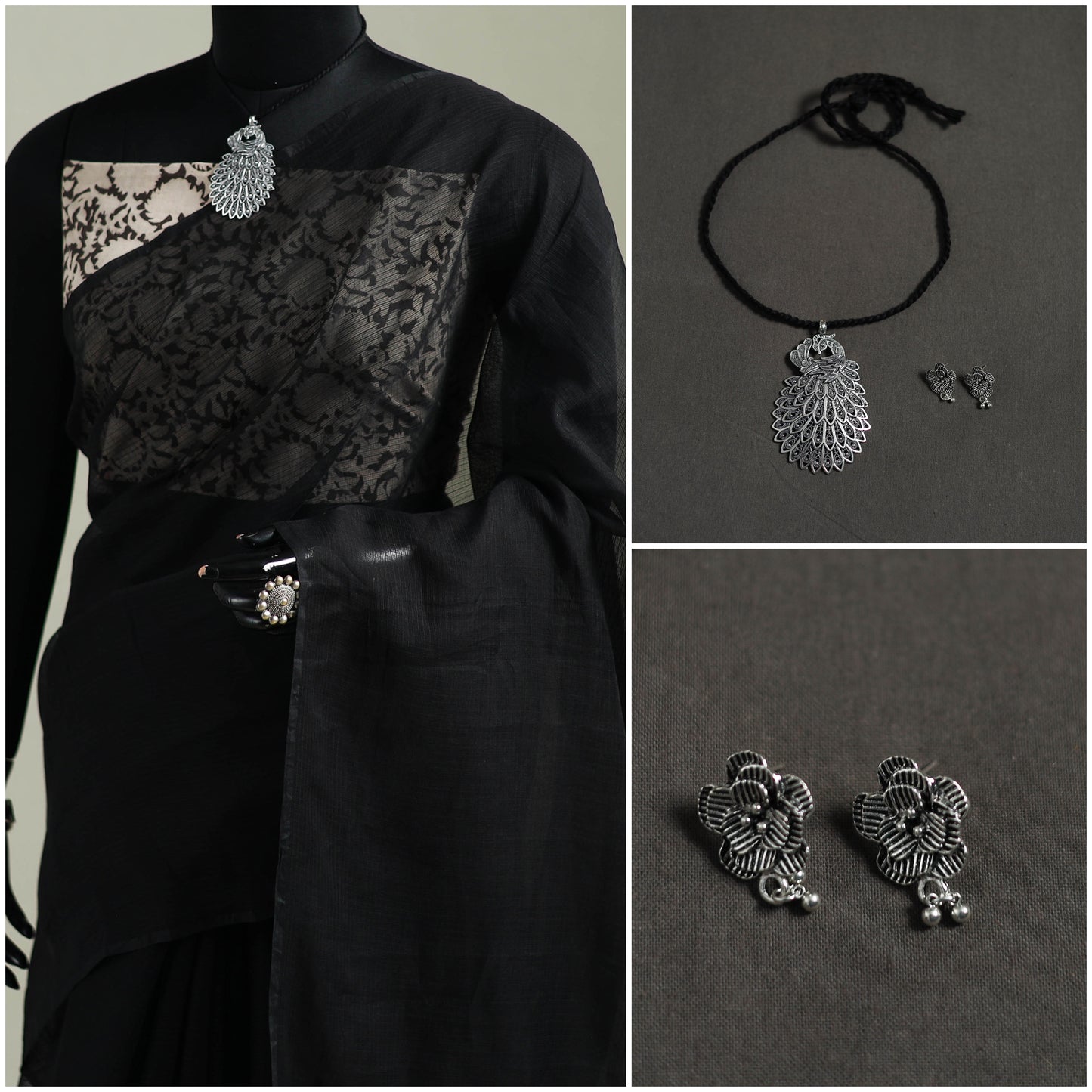 Black - Nazaakat Kota Doria Cotton Plain Saree with Blouse & Jewellery Set 07