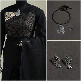 Black - Nazaakat Kota Doria Cotton Plain Saree with Blouse & Jewellery Set 07