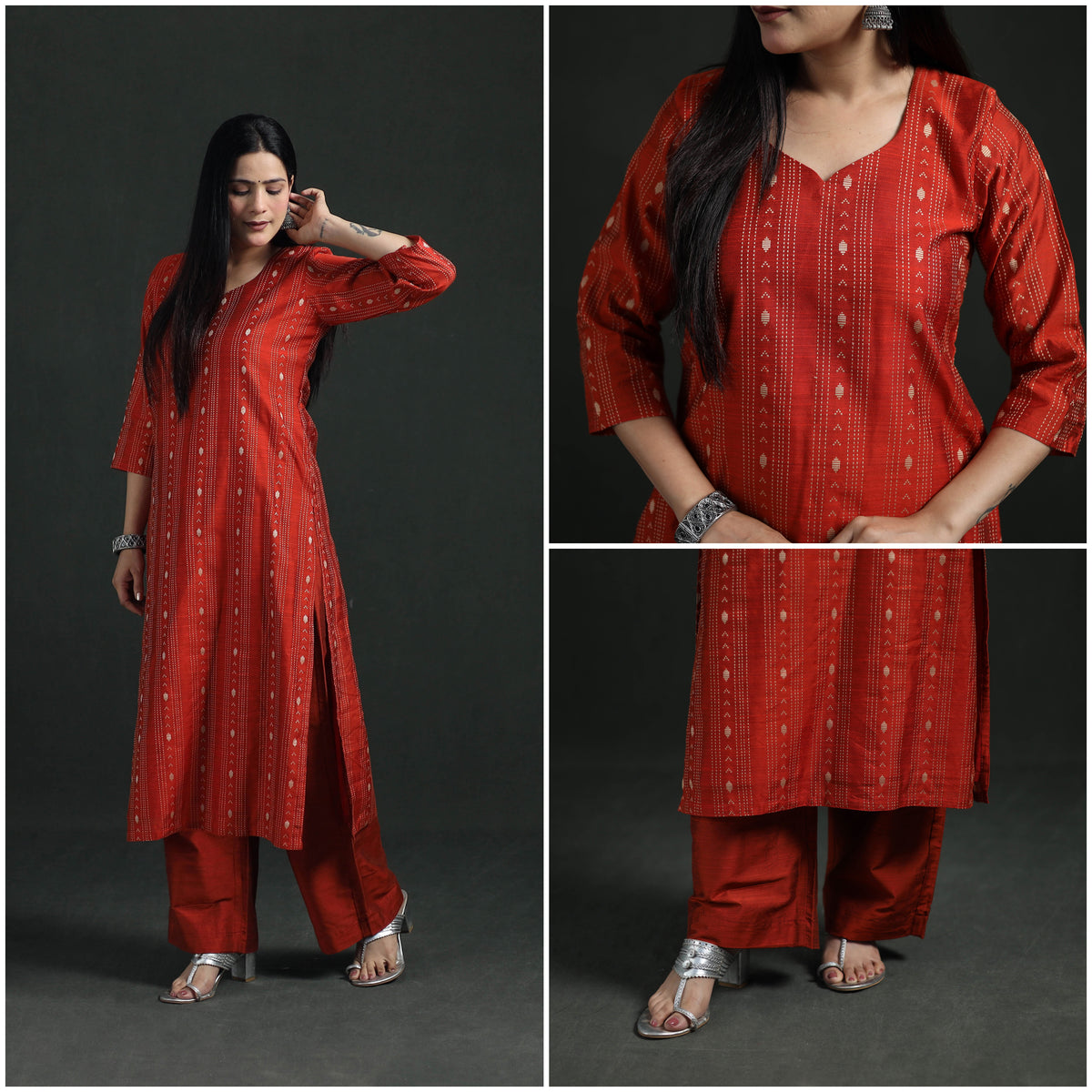 Spun Dupion Viscose Silk Thread Buti Straight Kurta with Palazzo Set for women 05