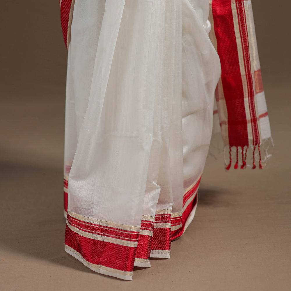 White - Durga Pooja Special - Traditional Handloom Maheshwari Silk Saree 01