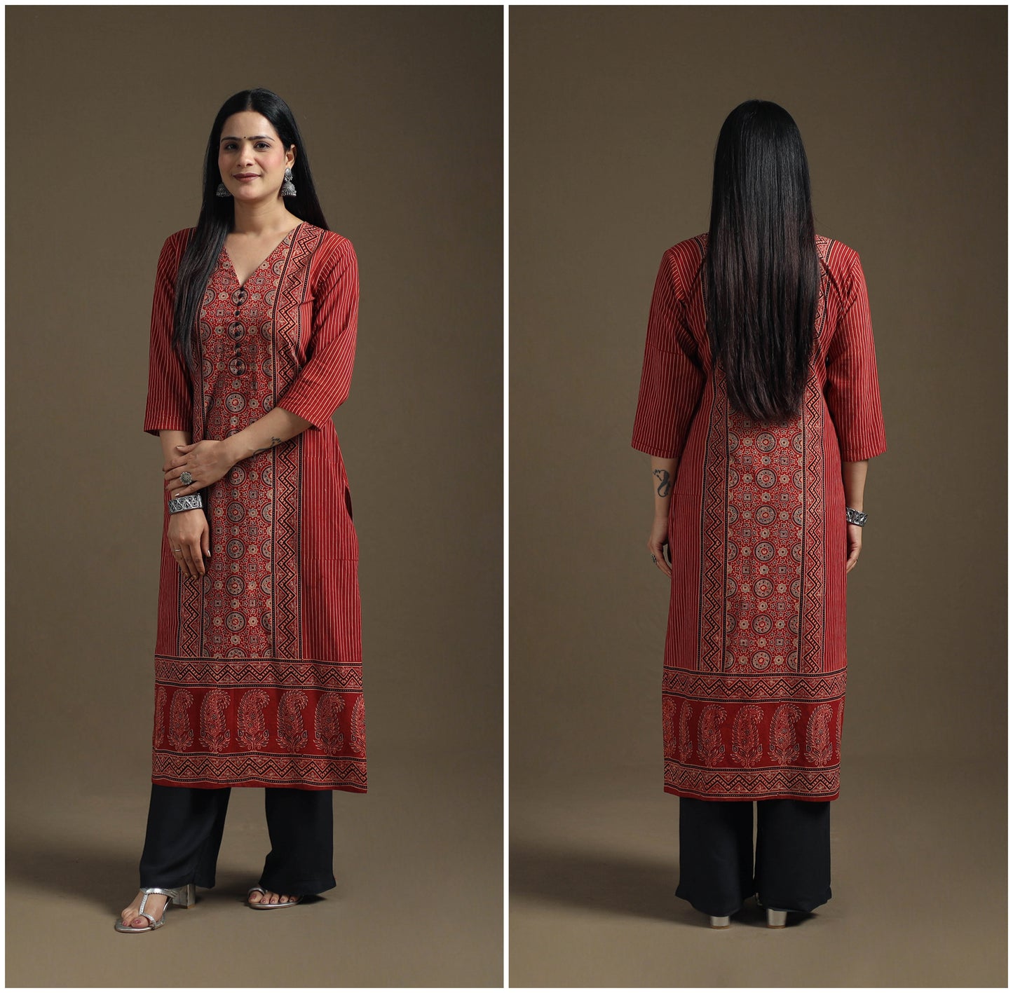 Hand Block Print Cotton Straight Long Ajrakh Kurta for Women 04
