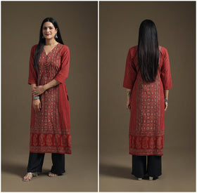 Hand Block Print Cotton Straight Long Ajrakh Kurta for Women 04