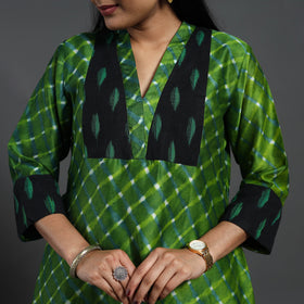 Green Chanderi Silk A-Line Patchwork Tie-Dye Leheriya Kurta for Women