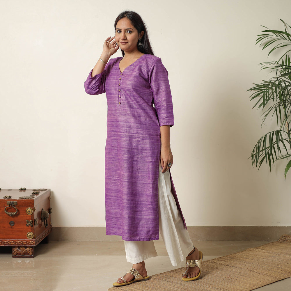 Purple - Bhagalpuri Handwoven Desi Tussar Silk Straight Kurta 05