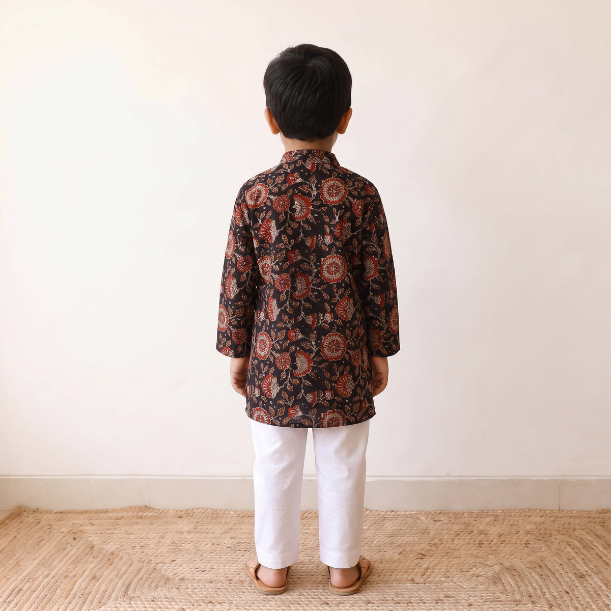 Black - kids pure cotton kurta in bagru block prints (2-3