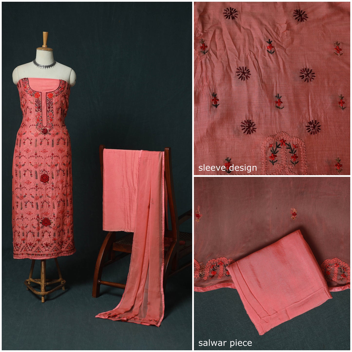 Pink - Hand Embroidered Muslin 3pc Unstitched Dress Material 02