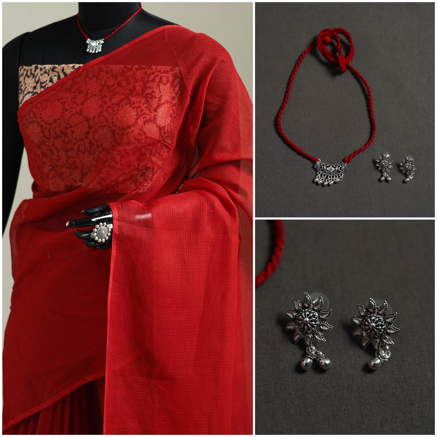 Red - Nazaakat Kota Doria Cotton Plain Saree with Blouse & Jewellery Set 141