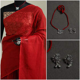 Red - Nazaakat Kota Doria Cotton Plain Saree with Blouse & Jewellery Set 141