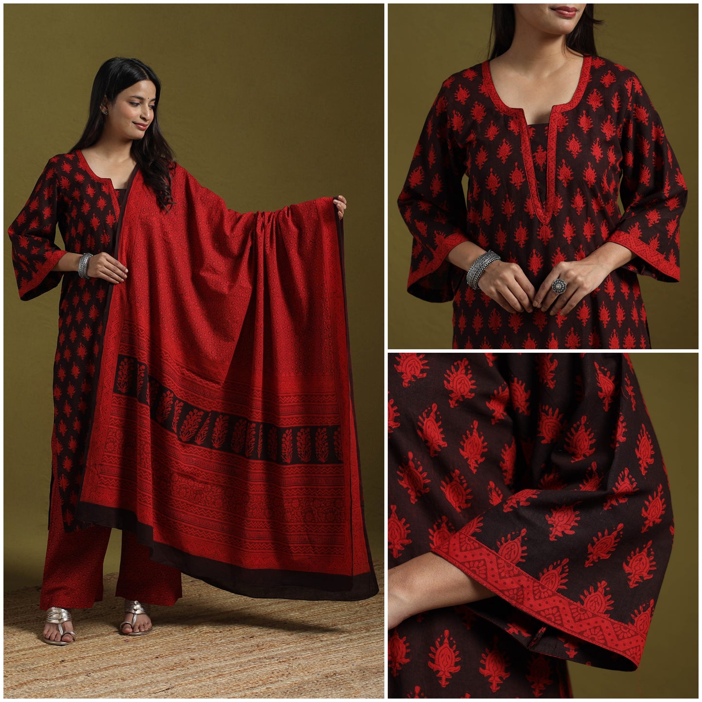 Natural Dyed Hand Block Bagh Print Cotton Suit Set with Dupatta for Women 04