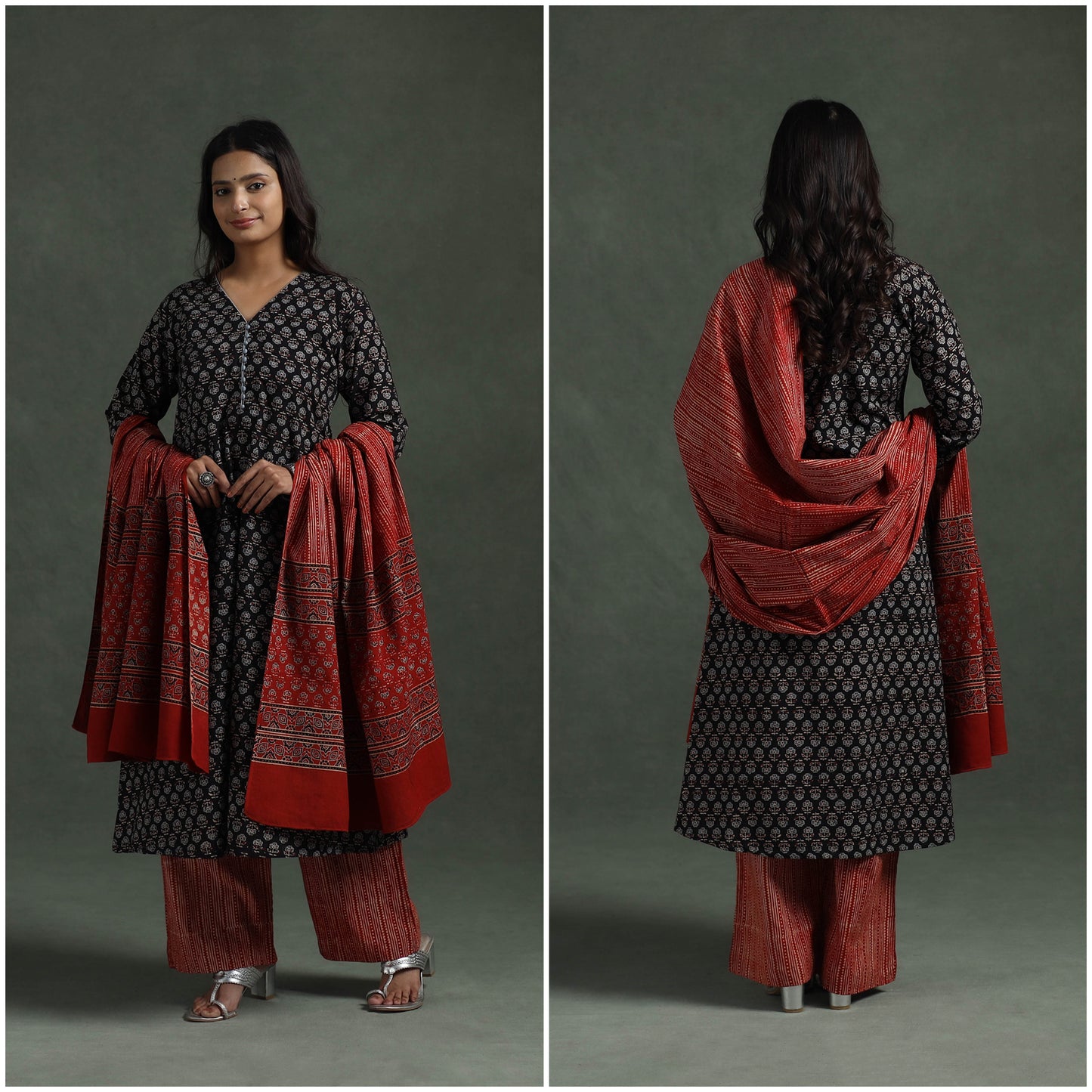 Ajrakh Hand Block Print Natural Dyed Cotton Suit Set with Dupatta for women 05