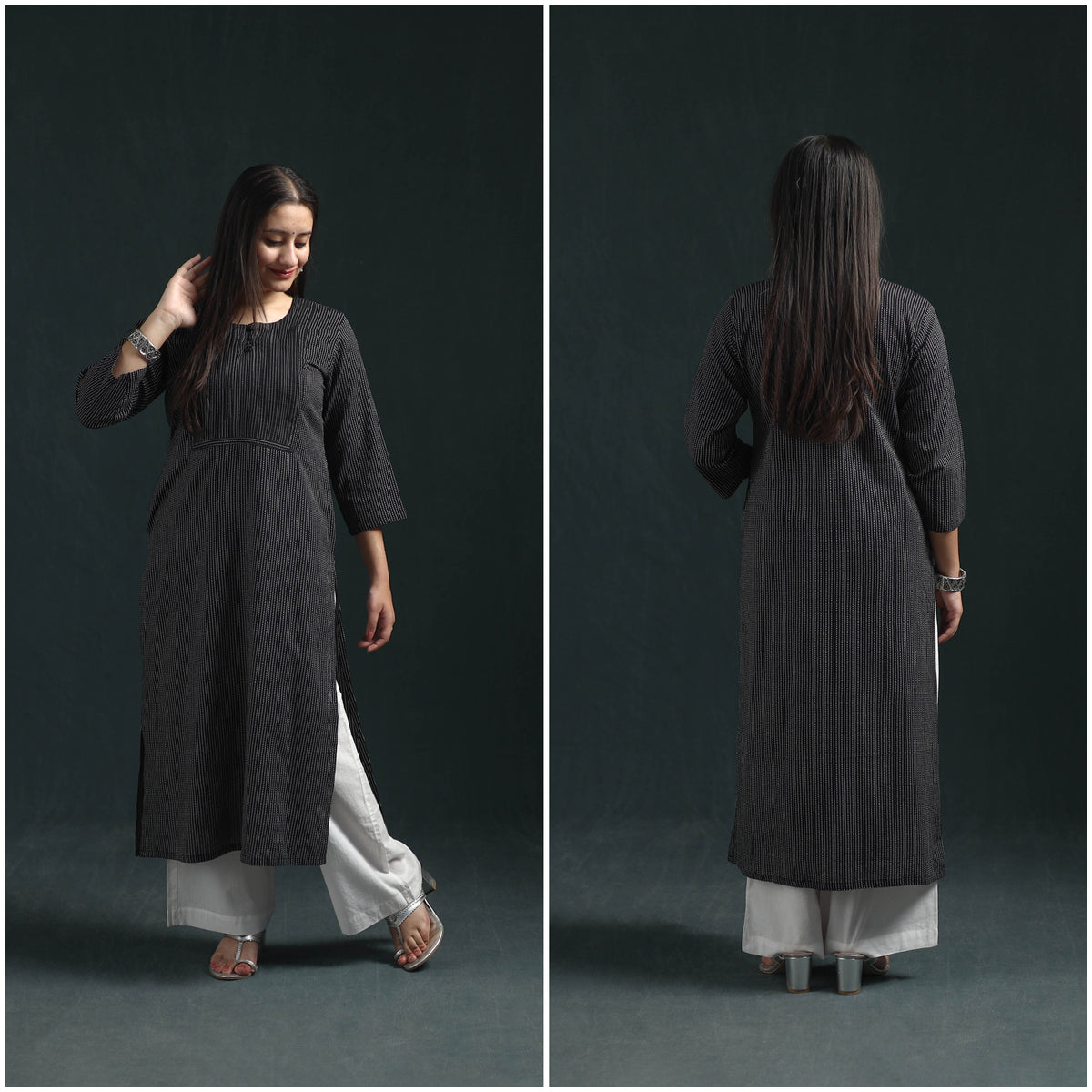 Plain Running Stitch Pintuck Cotton Straight Long Kurta for women 04
