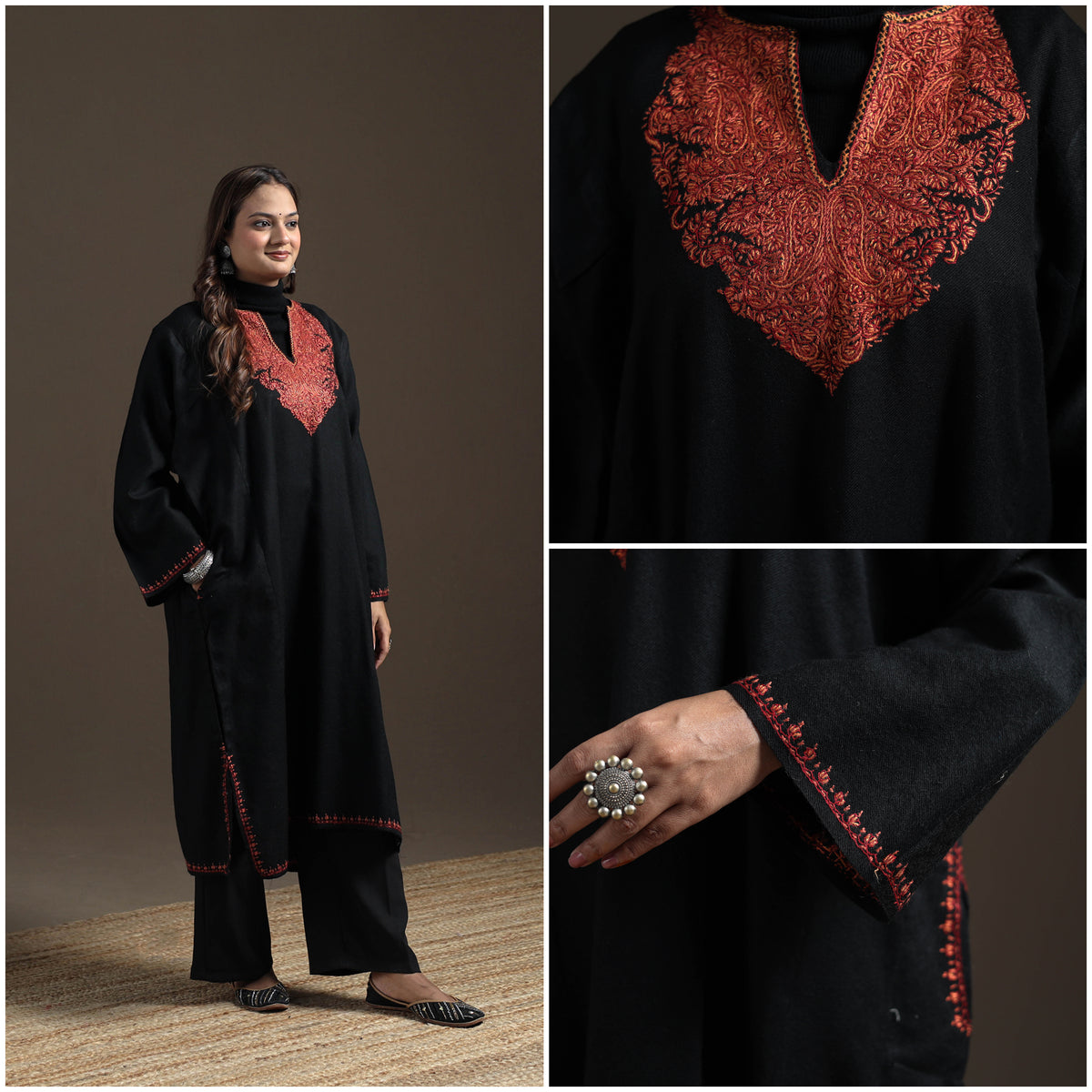Kashmiri Sozni Hand Embroidered Handwoven Merino Wool Pheran 04