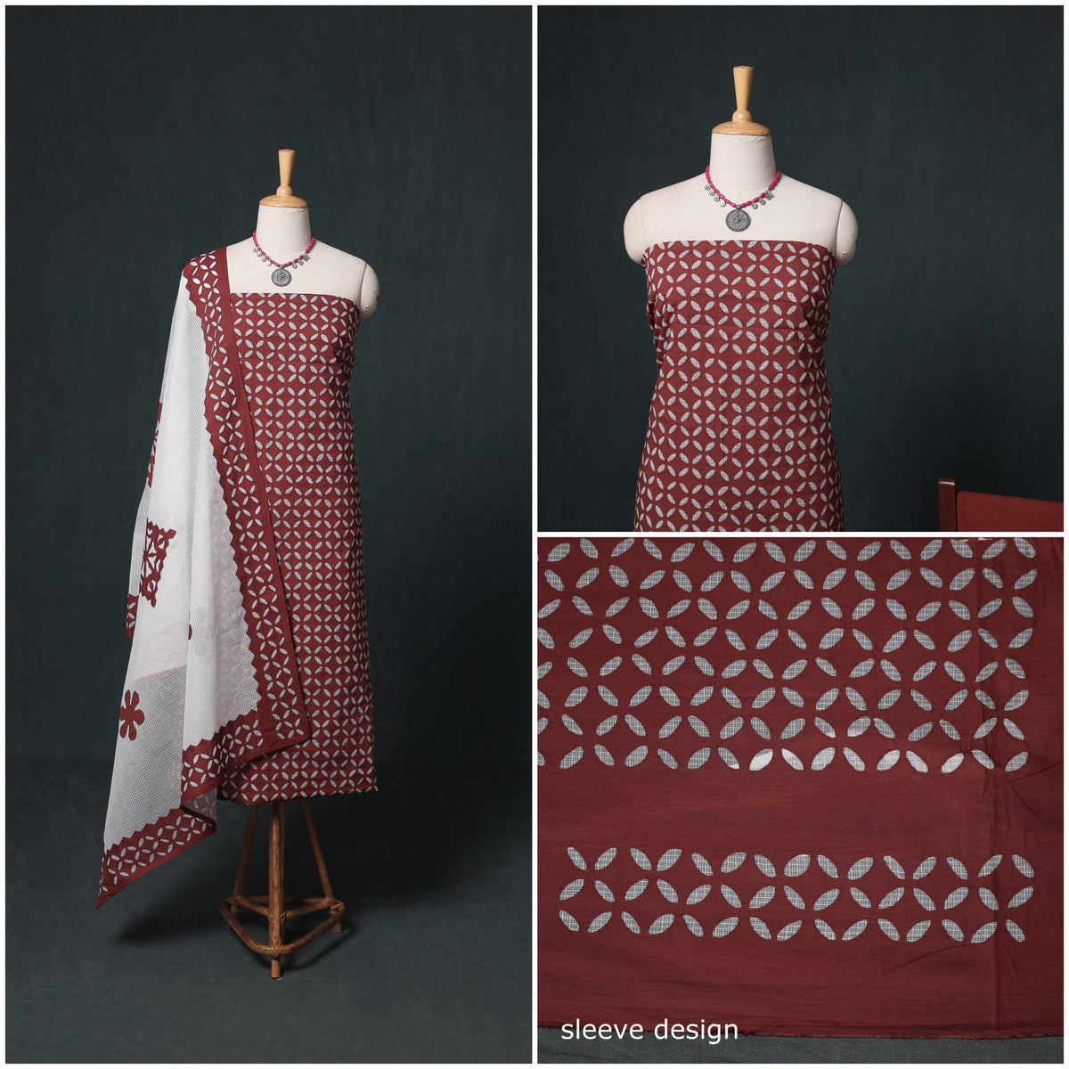 Barmer Applique Cutwork Kota Doria Cotton Unstitched Dress Material: Kurta, Bottom & Dupatta 06