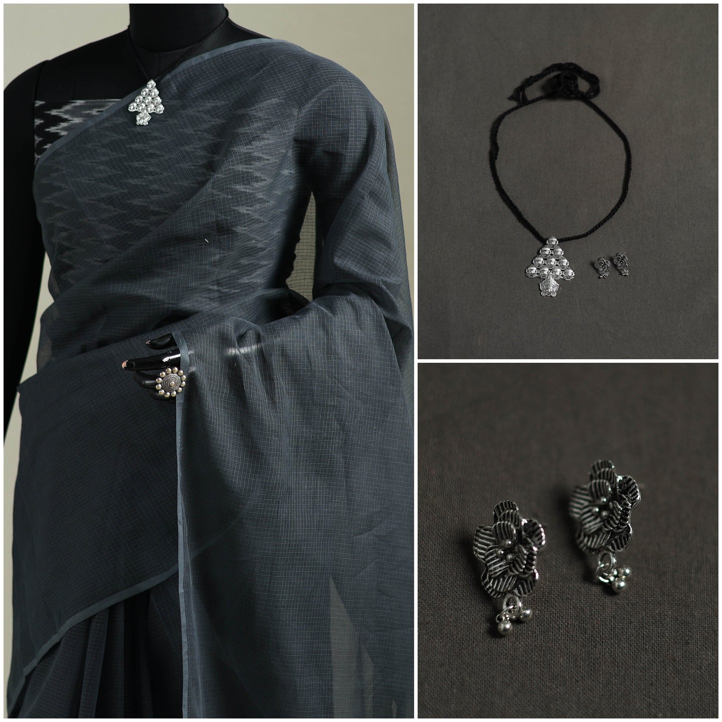 Grey - Nazaakat Kota Doria Cotton Plain Saree with Blouse & Jewellery Set 34