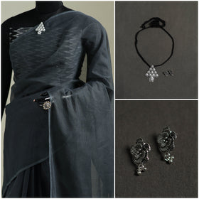 Grey - Nazaakat Kota Doria Cotton Plain Saree with Blouse & Jewellery Set 34