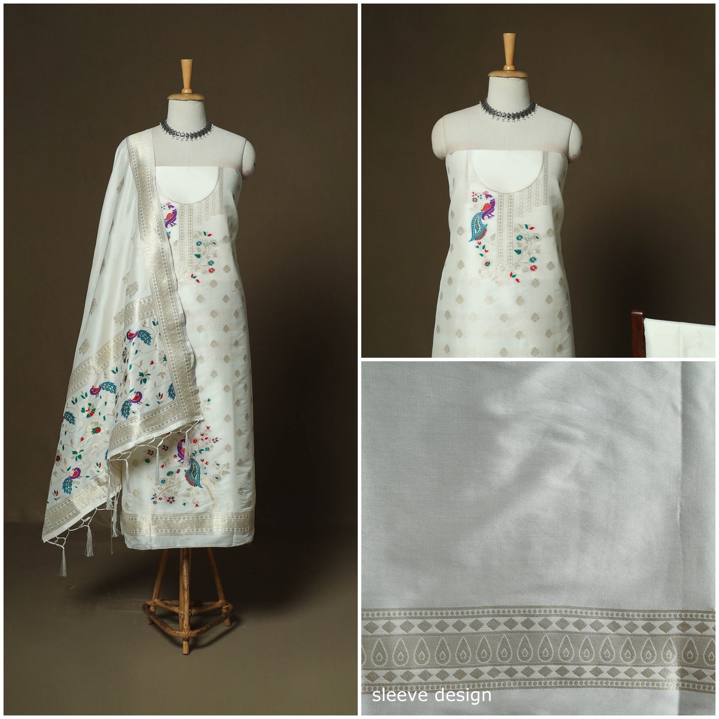 White - Bangalore Silk Paithani Weave 3pc Unstitched Dress Material Suit Set 06