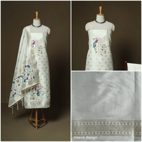 White - Bangalore Silk Paithani Weave 3pc Unstitched Dress Material Suit Set 06