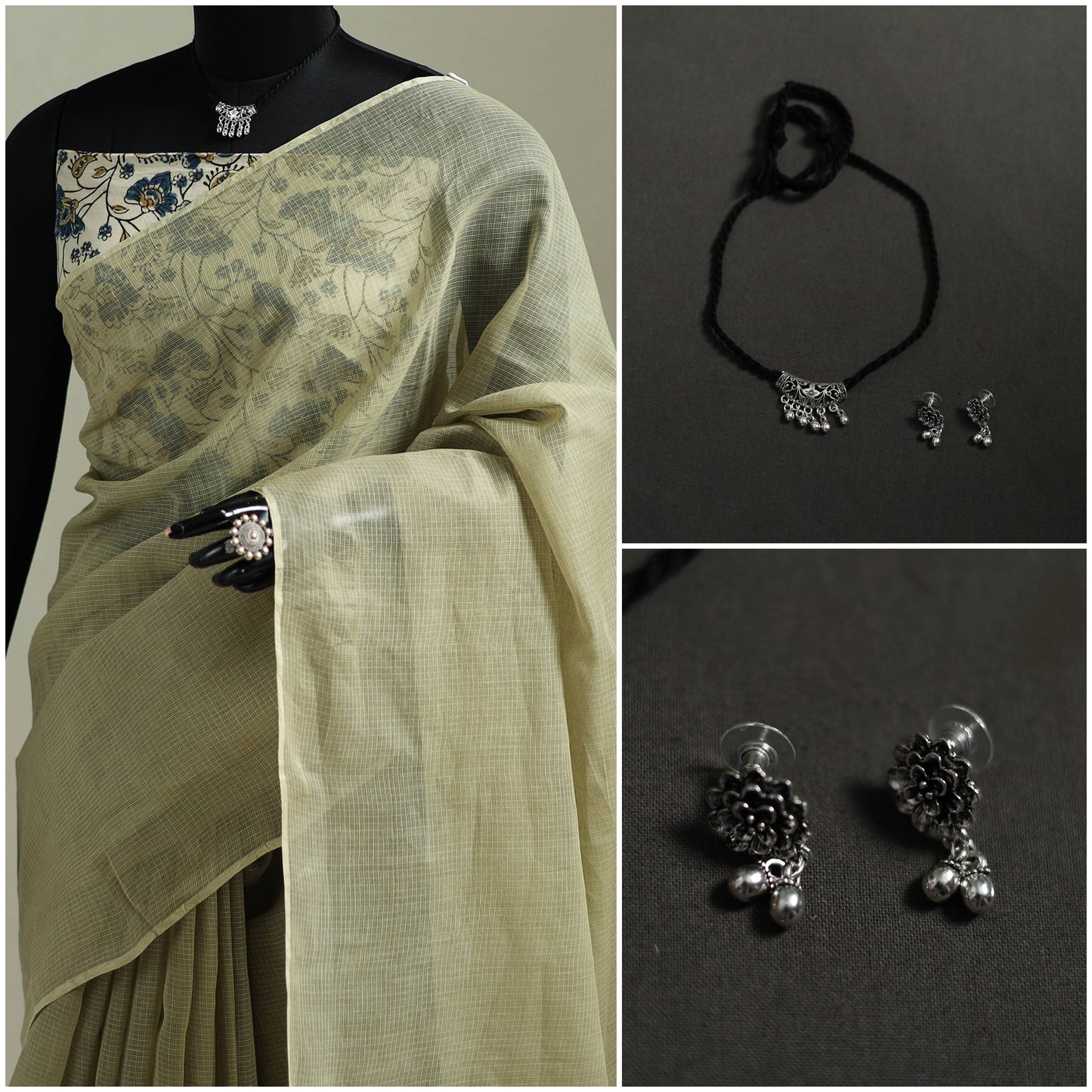 Green - Nazaakat Kota Doria Cotton Plain Saree with Blouse & Jewellery Set 168