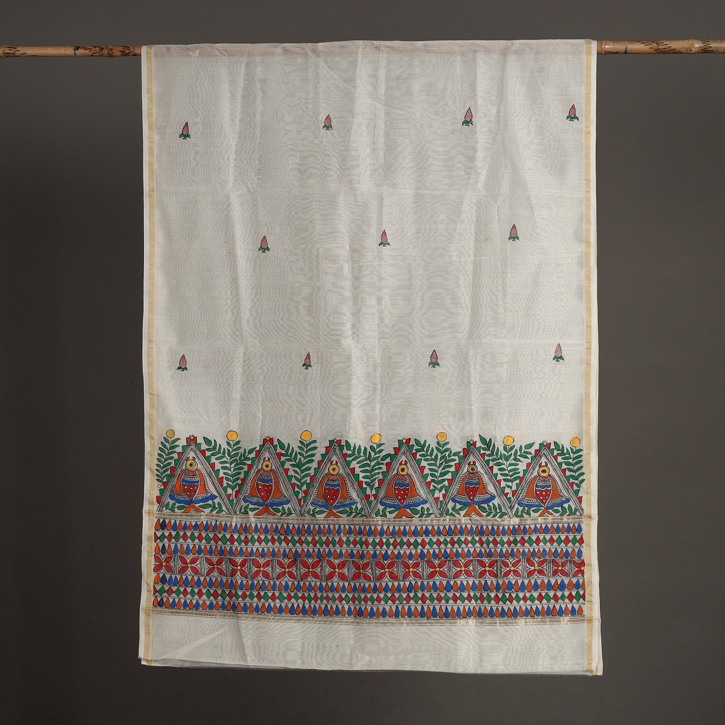 White - Madhubani Handpainted Chanderi Silk Handloom Dupatta 11
