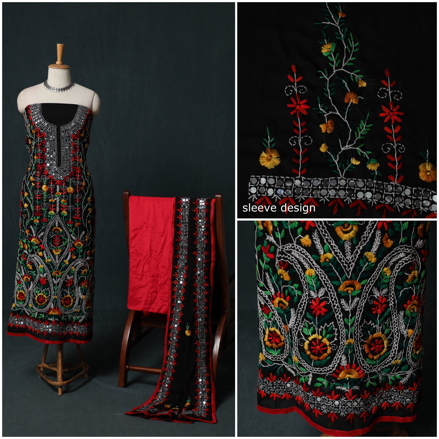 Hand Embroidered Georgette 3pc Unstitched Dress Material Suit Set 06