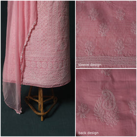 Pink - Lucknowi Chikankari Hand Embroidered Cotton 3pc Unstitched Dress Material Suit Set 06