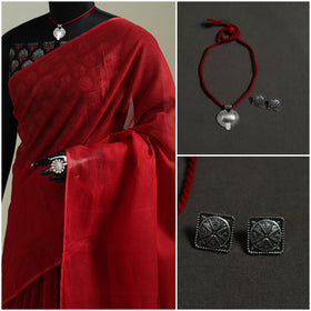 Red - Nazaakat Kota Doria Cotton Plain Saree with Blouse & Jewellery Set 192