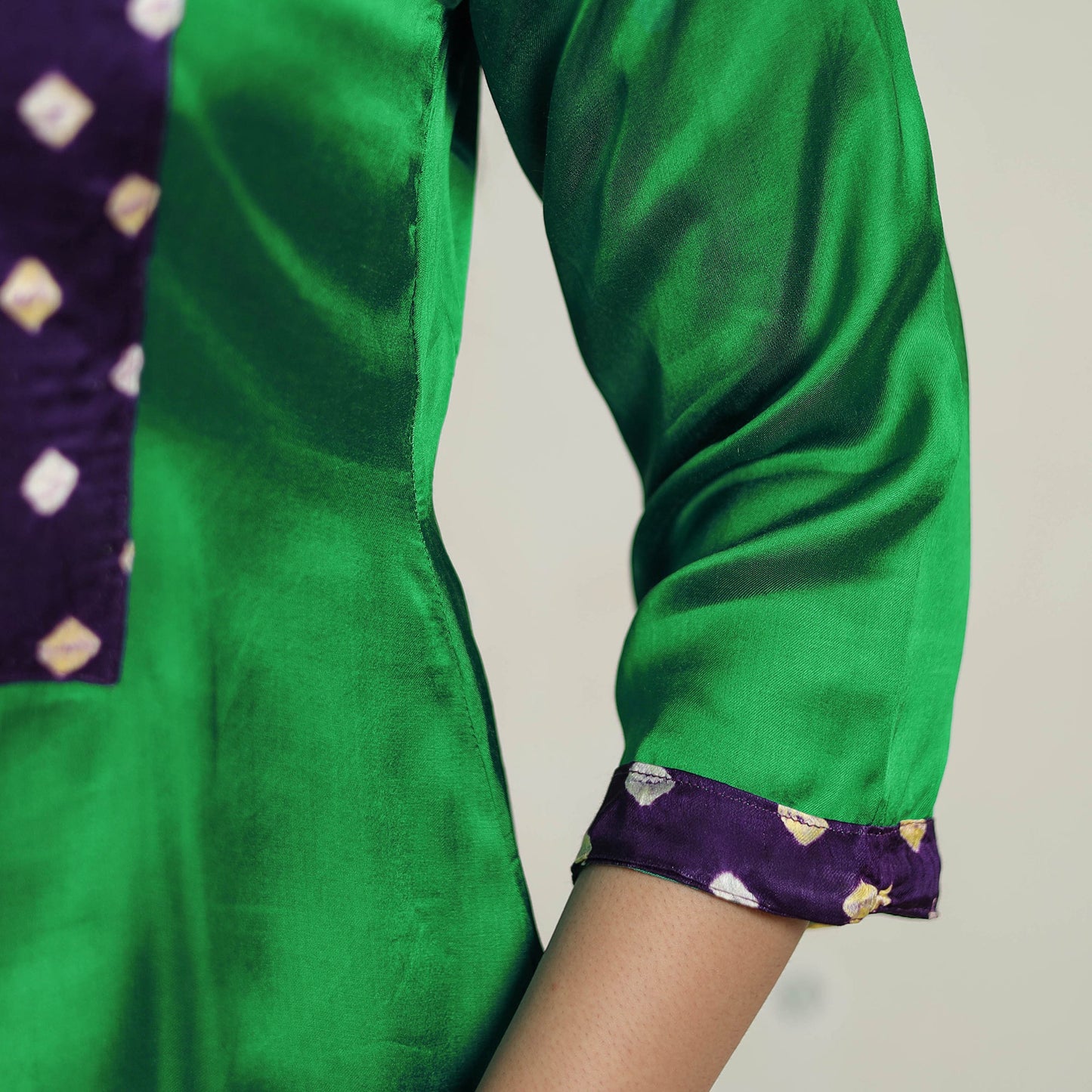 Green - Plain Modal Silk A-Line Kurta with Bandhani Patchwork 07