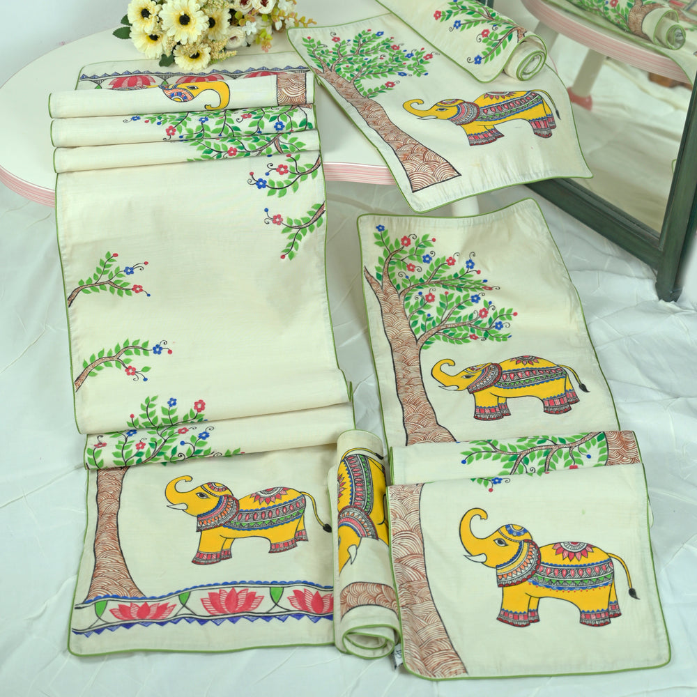 Madhubani Handpainted Chanderi Table Runner & Table Mats Set