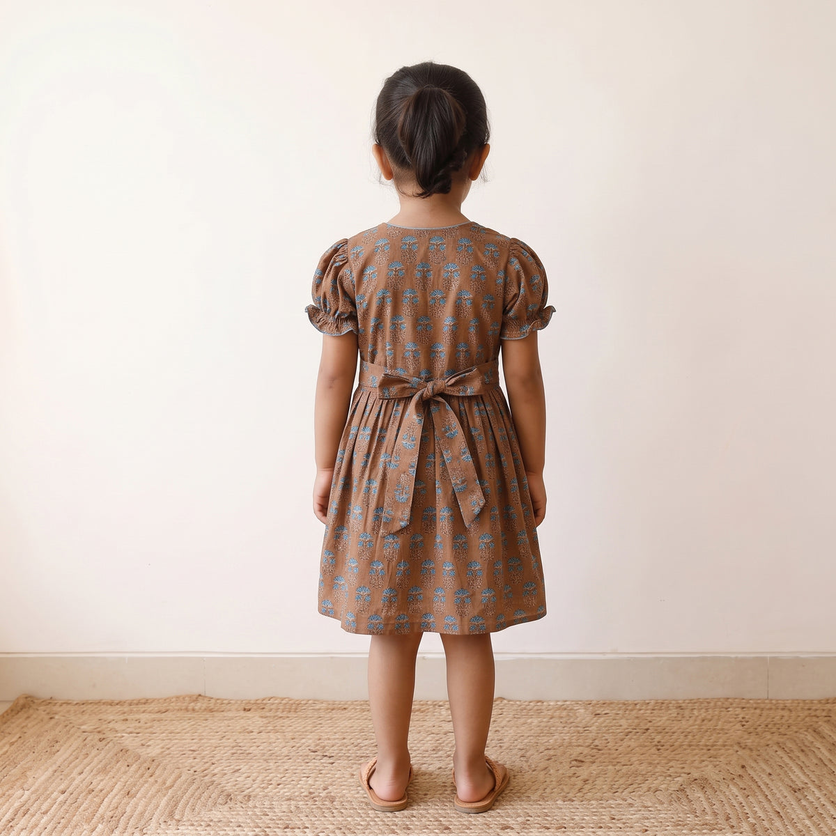 Brown - pure cotton girls frock dress in sanganeri floral