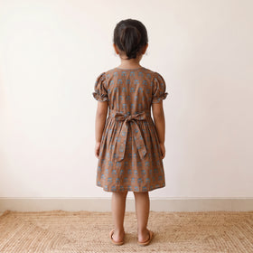 Brown - pure cotton girls frock dress in sanganeri floral