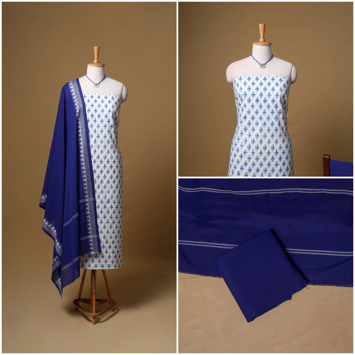Blue - Floral Sanganeri Block Print Cotton Unstitched Dress Material: Kurta, Bottom & Dupatta with Jewellery 05